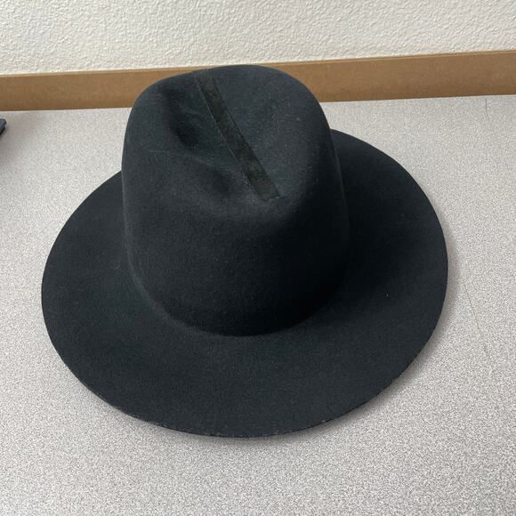 Janessa Leone Wool Fedora Hat Womens Medium Black Wide Brim Ribbon Stripe * main image 9